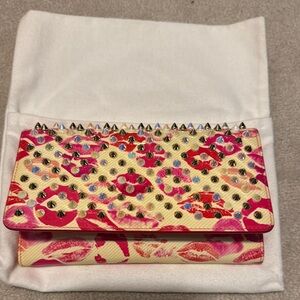 Christian loubutin pink and Cream Floral Clutch with Fold-Over Design